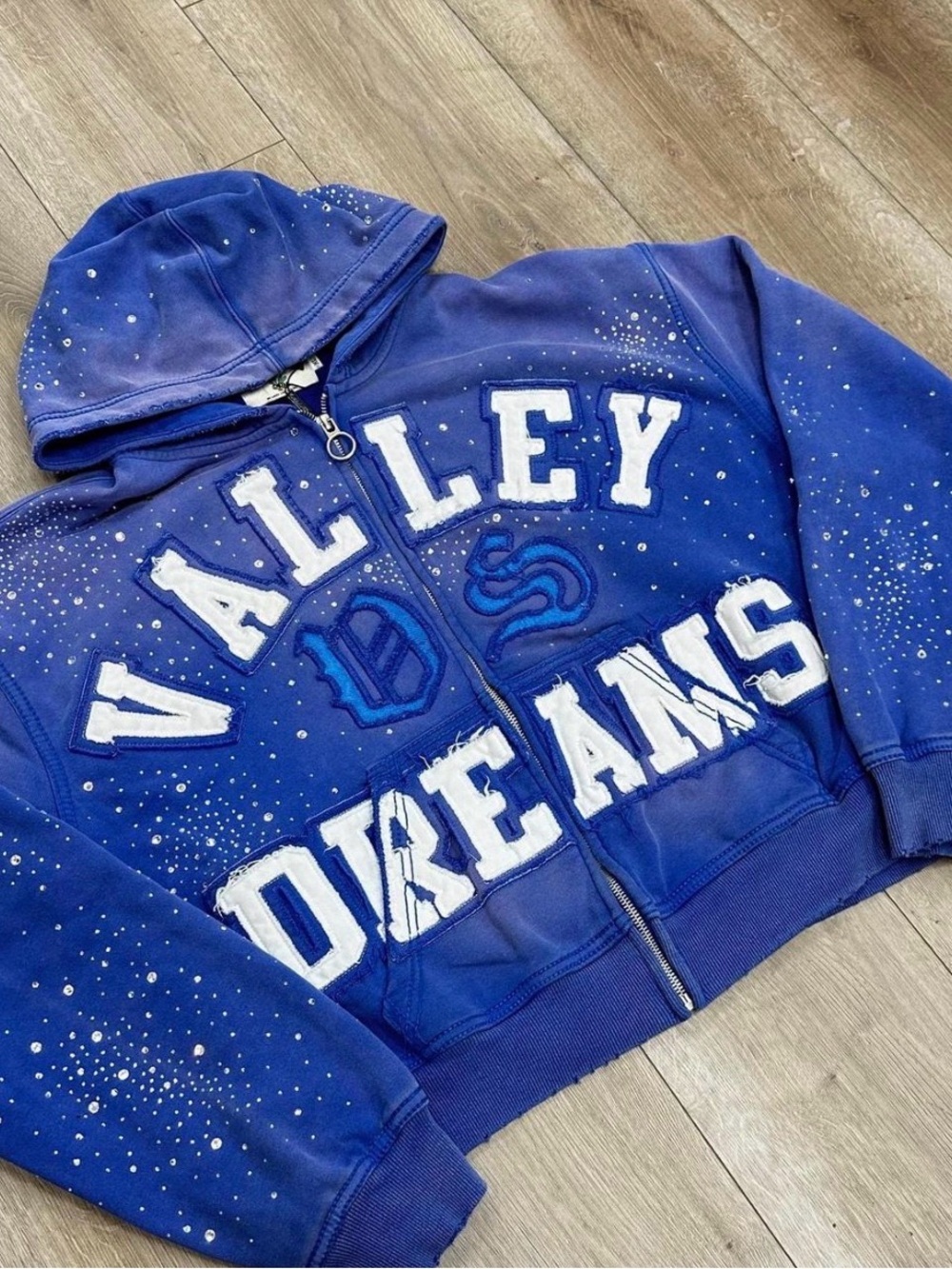 Royal Blue Hooded Zip Vest with 'Valley Dreams' Embroidered Appliqué